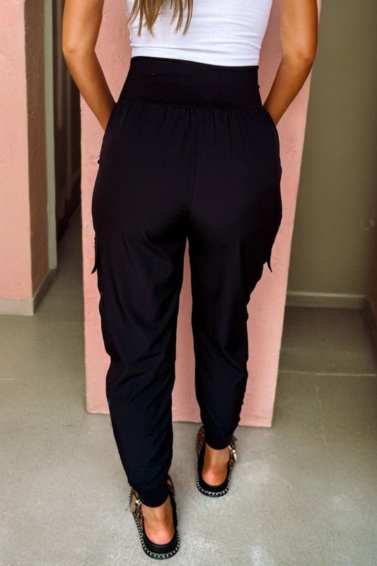 Solid Elastic High Waist Pocketed Cargo Jogger Pan - Blu Lotus Boutique