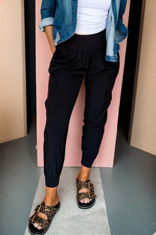 Solid Elastic High Waist Pocketed Cargo Jogger Pan - Blu Lotus Boutique