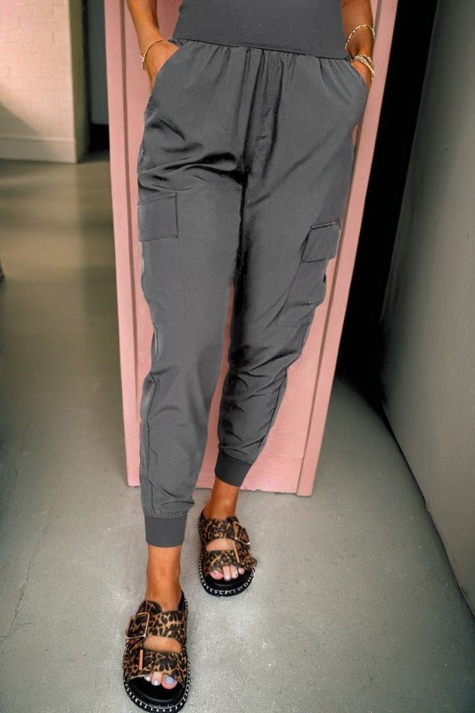 Solid Elastic High Waist Pocketed Cargo Jogger Pan - Blu Lotus Boutique
