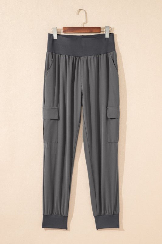 Solid Elastic High Waist Pocketed Cargo Jogger Pan - Blu Lotus Boutique