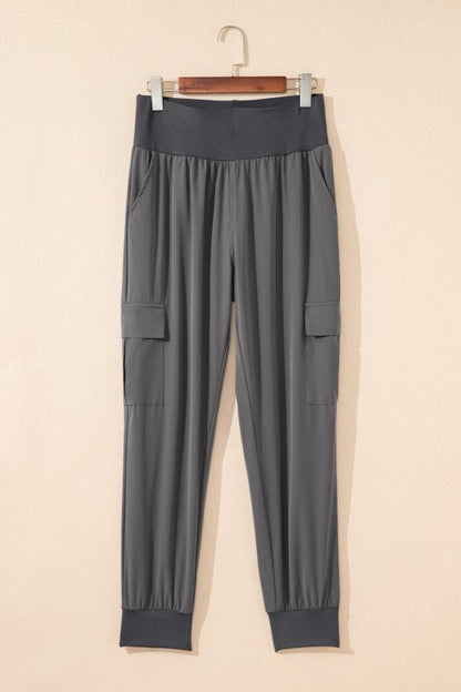 Solid Elastic High Waist Pocketed Cargo Jogger Pan - Blu Lotus Boutique