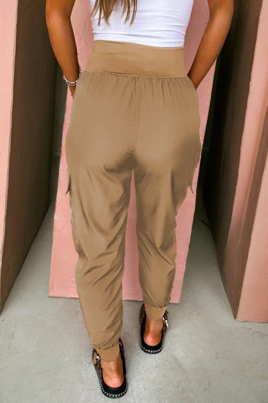 Solid Elastic High Waist Pocketed Cargo Jogger Pan - Blu Lotus Boutique