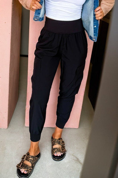 Solid Elastic High Waist Pocketed Cargo Jogger Pan - Blu Lotus Boutique