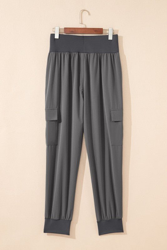 Solid Elastic High Waist Pocketed Cargo Jogger Pan - Blu Lotus Boutique