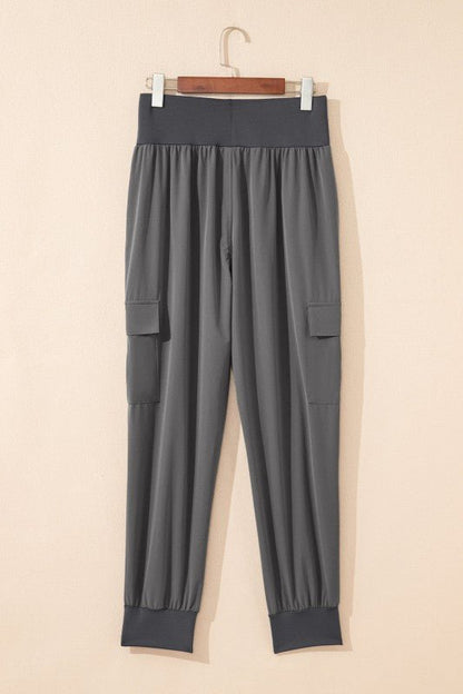 Solid Elastic High Waist Pocketed Cargo Jogger Pan - Blu Lotus Boutique