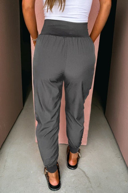 Solid Elastic High Waist Pocketed Cargo Jogger Pan - Blu Lotus Boutique