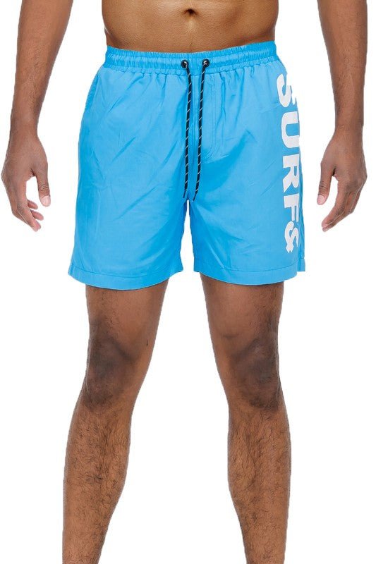 Solid Lined Beach Swim Text Swim Shorts - Blu Lotus Boutique