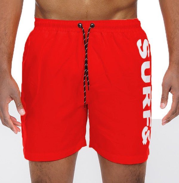 Solid Lined Beach Swim Text Swim Shorts - Blu Lotus Boutique