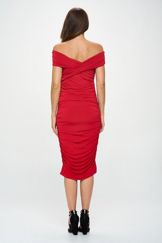 Solid Off Shoulder Midi Bodycon Dress - Blu Lotus Boutique