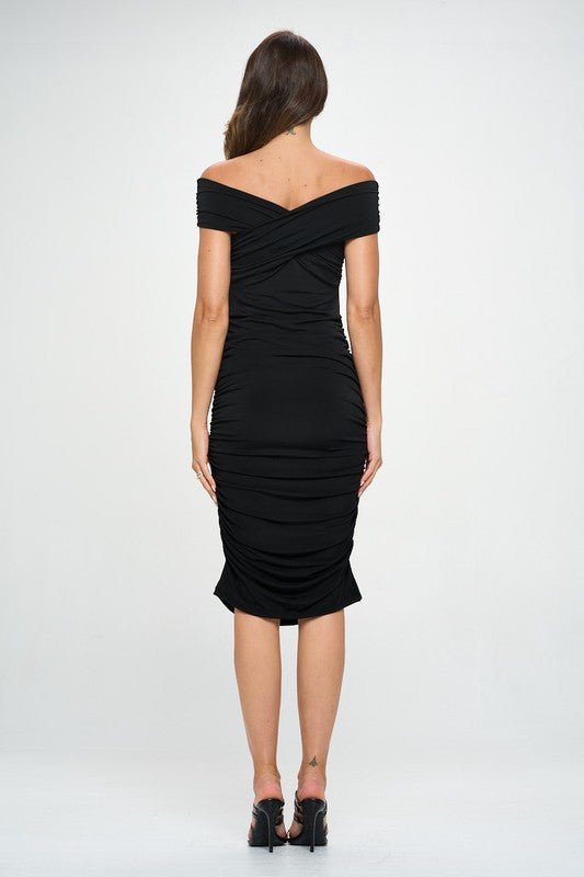 Solid Off Shoulder Midi Bodycon Dress with Ruched - Blu Lotus Boutique