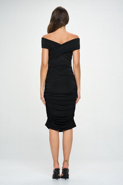 Solid Off Shoulder Midi Bodycon Dress with Ruched - Blu Lotus Boutique
