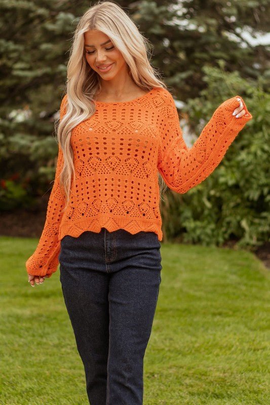 Solid Open Crochet Scallop Edge Sweater - Blu Lotus Boutique