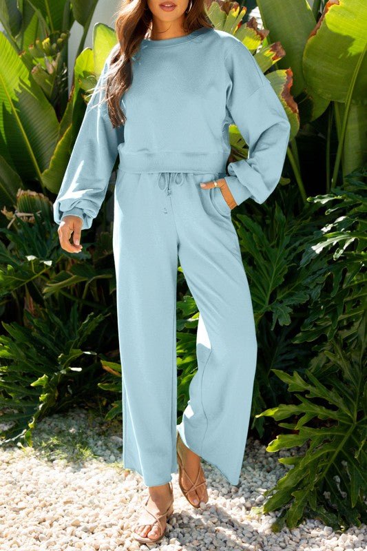 Solid Puff Sleeve Top and Drawstring Pants Set - Blu Lotus Boutique