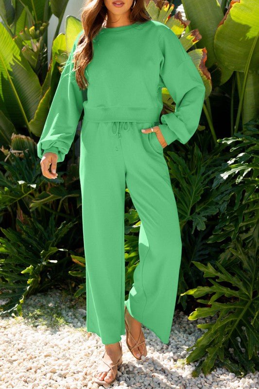 Solid Puff Sleeve Top and Drawstring Pants Set - Blu Lotus Boutique