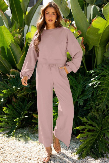Solid Puff Sleeve Top and Drawstring Pants Set - Blu Lotus Boutique