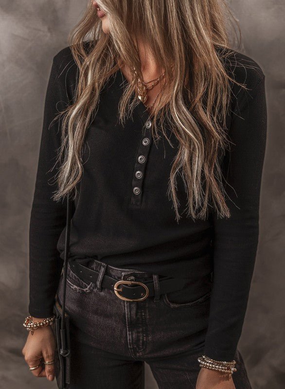 Solid Ribbed V - Neck Buttoned Long Sleeve Top - Blu Lotus Boutique