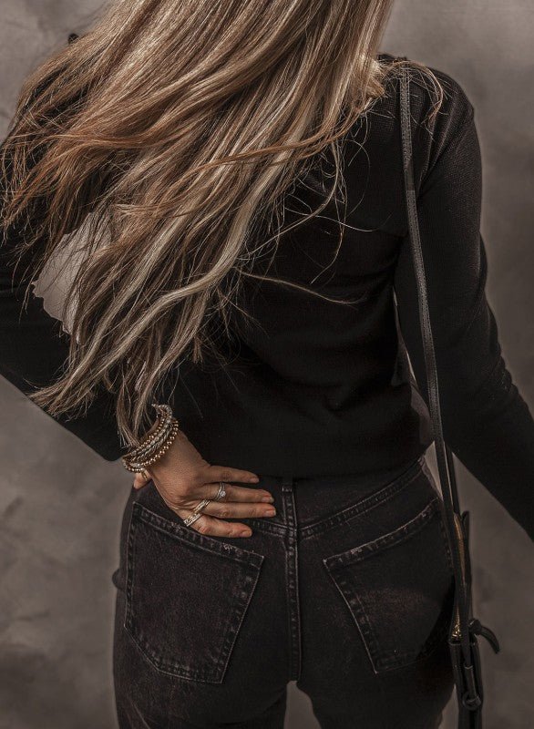 Solid Ribbed V - Neck Buttoned Long Sleeve Top - Blu Lotus Boutique