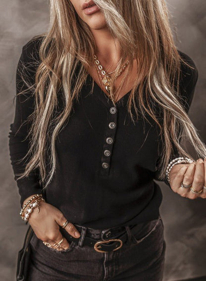 Solid Ribbed V - Neck Buttoned Long Sleeve Top - Blu Lotus Boutique