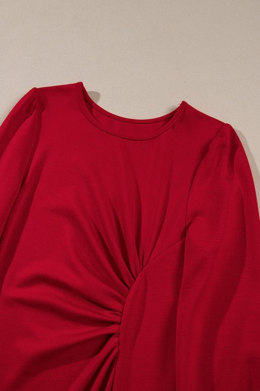 Solid Ruched Long Sleeve Midi Dress - Blu Lotus Boutique