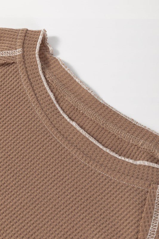 Solid Waffle Knit Round Neck Long Sleeve Top - Blu Lotus Boutique