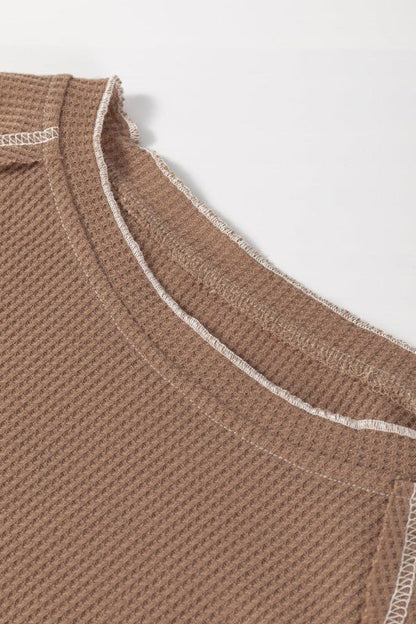 Solid Waffle Knit Round Neck Long Sleeve Top - Blu Lotus Boutique