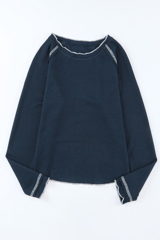 Solid Waffle Knit Round Neck Long Sleeve Top - Blu Lotus Boutique