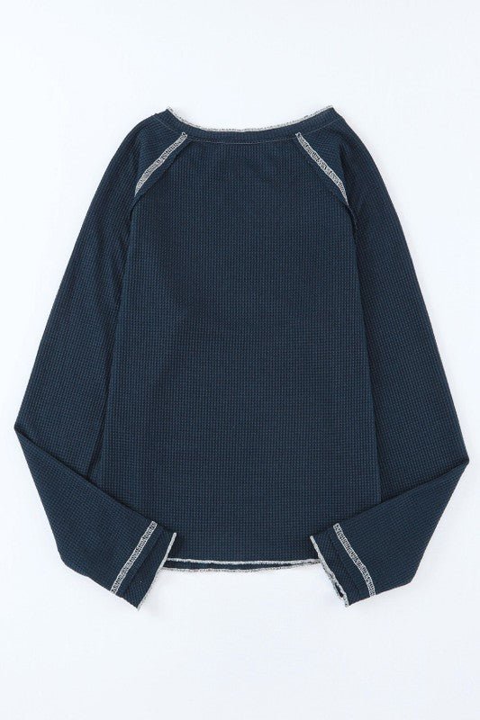 Solid Waffle Knit Round Neck Long Sleeve Top - Blu Lotus Boutique