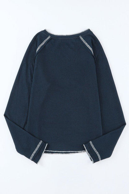 Solid Waffle Knit Round Neck Long Sleeve Top - Blu Lotus Boutique