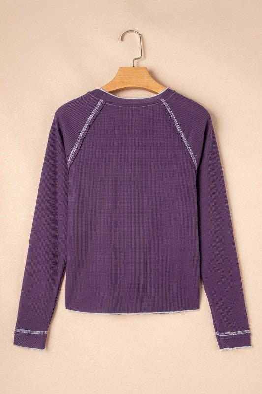 Solid Waffle Knit Round Neck Long Sleeve Top - Blu Lotus Boutique