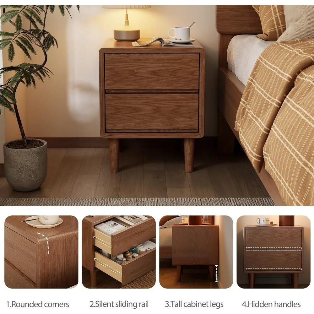 Solid Wood Nightstand, Walnut Nightstand with Drawers Mid Century Modern Night Stand,Wood Night Stands,Small Bedside Table for B - Blu Lotus Boutique