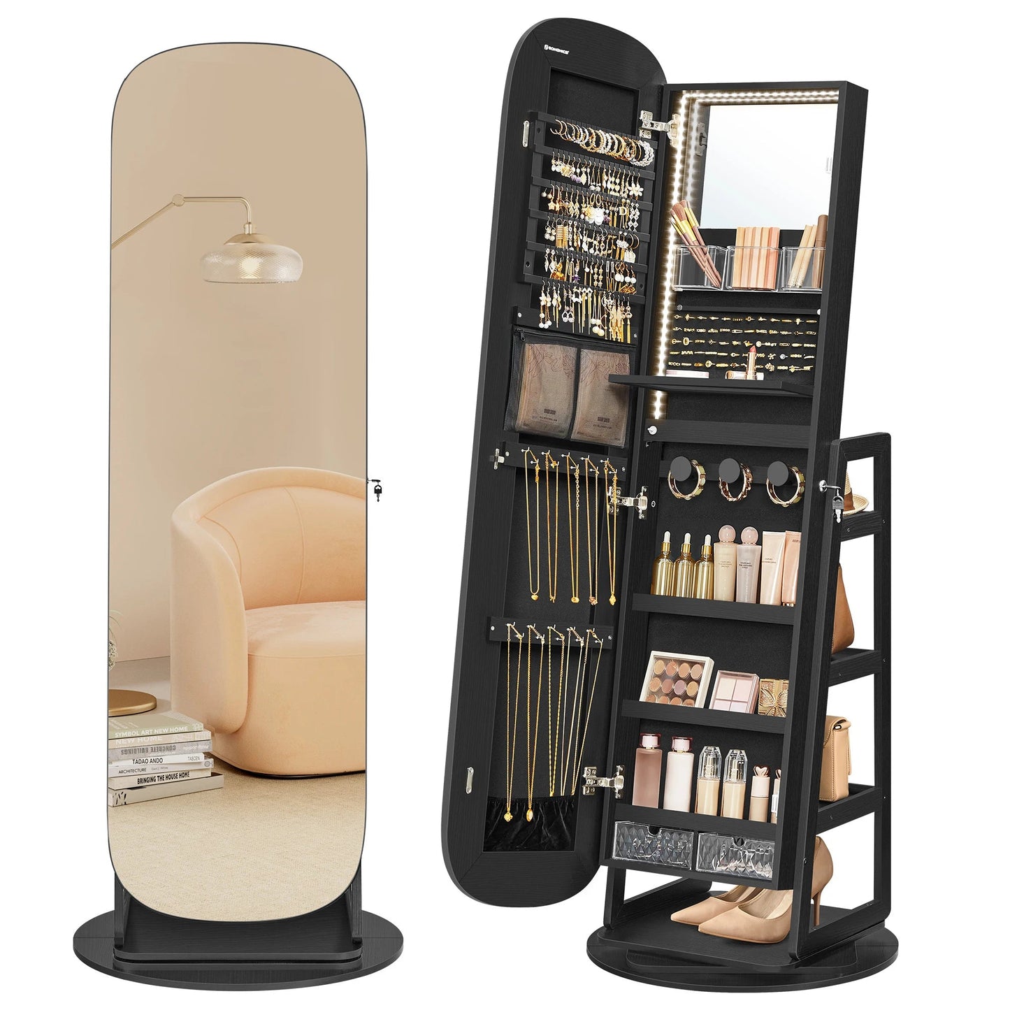 SONGMICS LED Jewelry Cabinet, 360° Swivel Jewelry Organizer, Lockable Mirror Jewelry Cabinet Standing - Blu Lotus Boutique