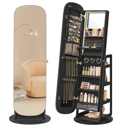 SONGMICS LED Jewelry Cabinet, 360° Swivel Jewelry Organizer, Lockable Mirror Jewelry Cabinet Standing - Blu Lotus Boutique