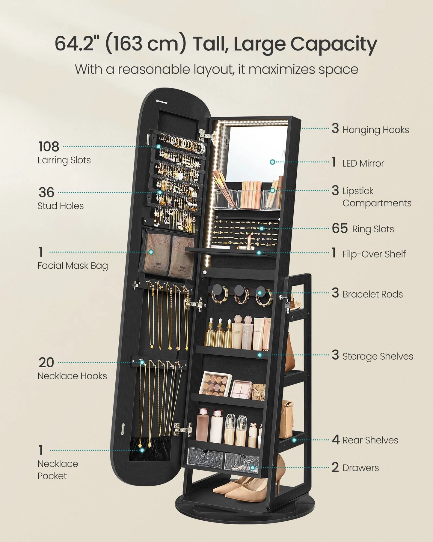 SONGMICS LED Jewelry Cabinet, 360° Swivel Jewelry Organizer, Lockable Mirror Jewelry Cabinet Standing - Blu Lotus Boutique