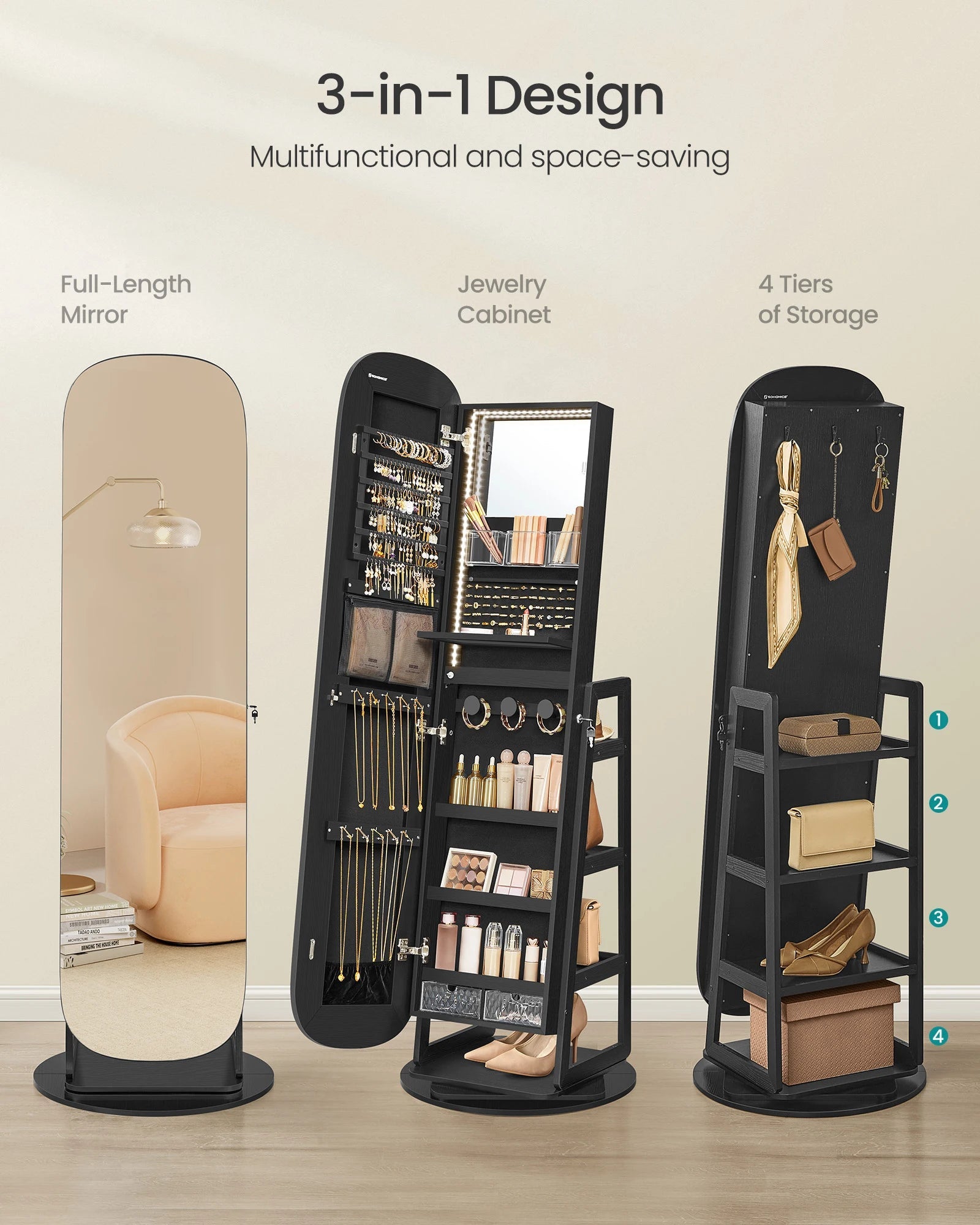 SONGMICS LED Jewelry Cabinet, 360° Swivel Jewelry Organizer, Lockable Mirror Jewelry Cabinet Standing - Blu Lotus Boutique