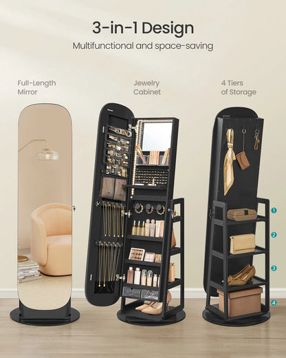 SONGMICS LED Jewelry Cabinet, 360° Swivel Jewelry Organizer, Lockable Mirror Jewelry Cabinet Standing - Blu Lotus Boutique