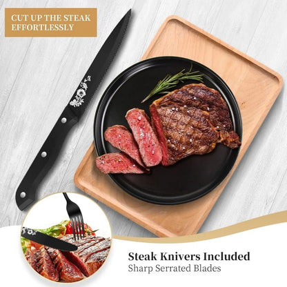 Stainless Steel 48 - Piece Black and Silver Cutlery Set for 8 with Steak Knives, Including Forks, Knives, and Spoons - Blu Lotus Boutique