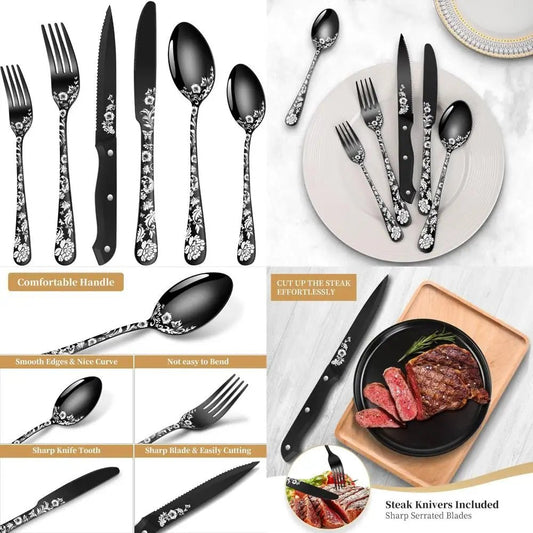 Stainless Steel 48 - Piece Black and Silver Cutlery Set for 8 with Steak Knives, Including Forks, Knives, and Spoons - Blu Lotus Boutique
