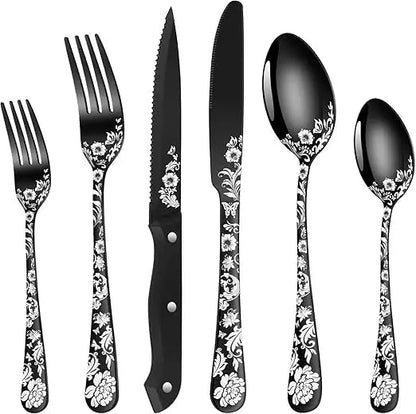 Stainless Steel 48 - Piece Black and Silver Cutlery Set for 8 with Steak Knives, Including Forks, Knives, and Spoons - Blu Lotus Boutique