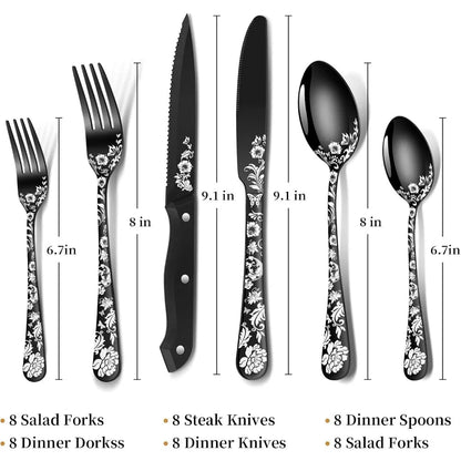 Stainless Steel 48 - Piece Black and Silver Cutlery Set for 8 with Steak Knives, Including Forks, Knives, and Spoons - Blu Lotus Boutique