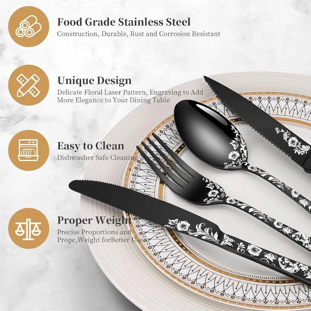 Stainless Steel 48 - Piece Black and Silver Cutlery Set for 8 with Steak Knives, Including Forks, Knives, and Spoons - Blu Lotus Boutique