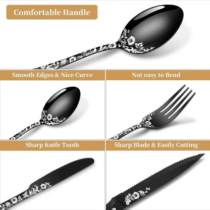 Stainless Steel 48 - Piece Black and Silver Cutlery Set for 8 with Steak Knives, Including Forks, Knives, and Spoons - Blu Lotus Boutique