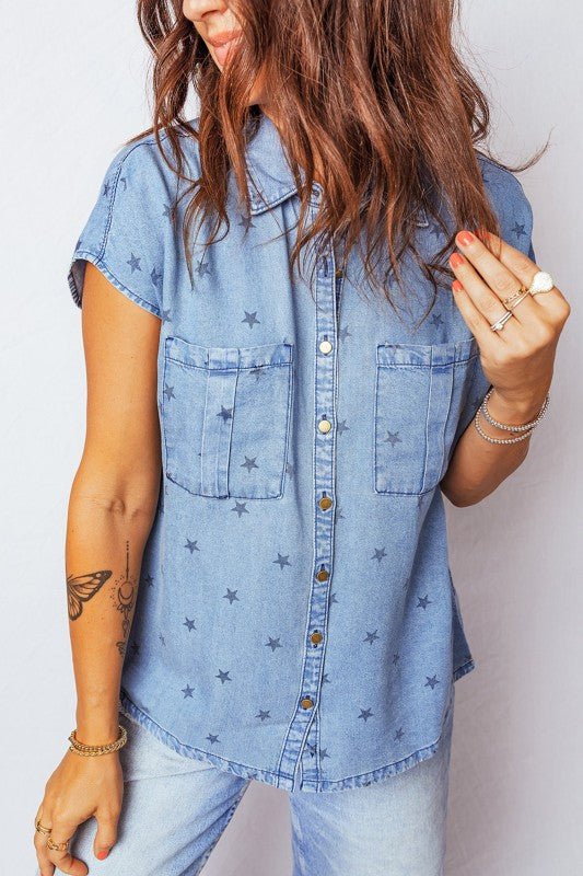 Star Denim Double Chest Pocket Short Sleeve Shirt - Blu Lotus Boutique