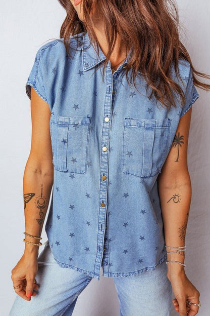 Star Denim Double Chest Pocket Short Sleeve Shirt - Blu Lotus Boutique