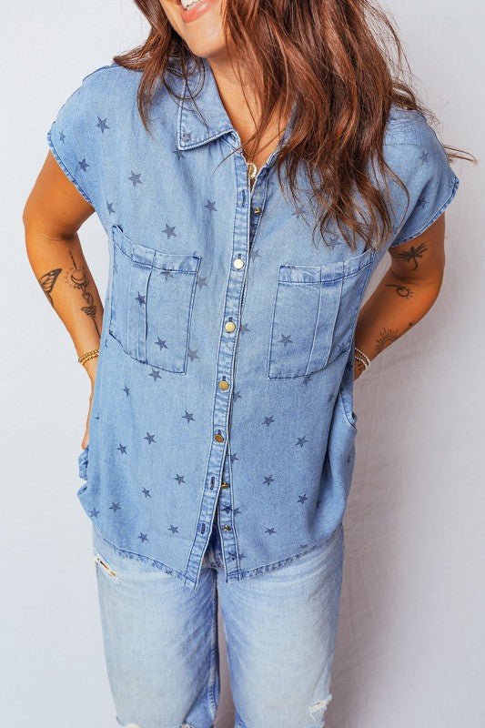 Star Denim Double Chest Pocket Short Sleeve Shirt - Blu Lotus Boutique