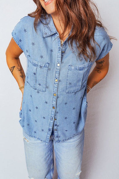 Star Denim Double Chest Pocket Short Sleeve Shirt - Blu Lotus Boutique