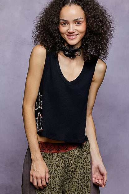 Star Patch V - Neck Cropped Ribbed Tank - Blu Lotus Boutique