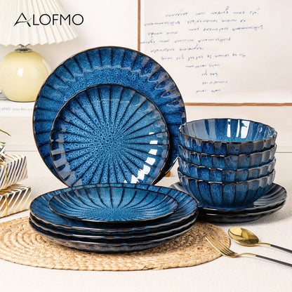 Starry Blue Reactive Glaze 12pc Dinnerware Set - Blu Lotus Boutique