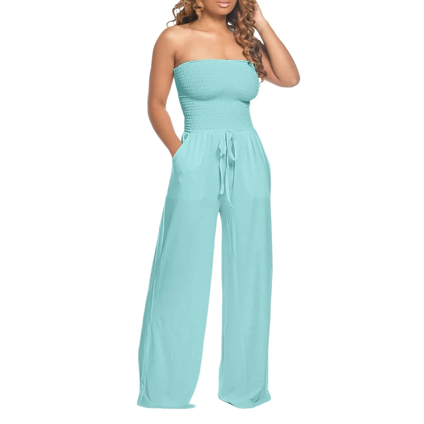 Strapless Ruched LaceUp WideLeg Jumpsuit for Chic Streetwear - Blu Lotus Boutique