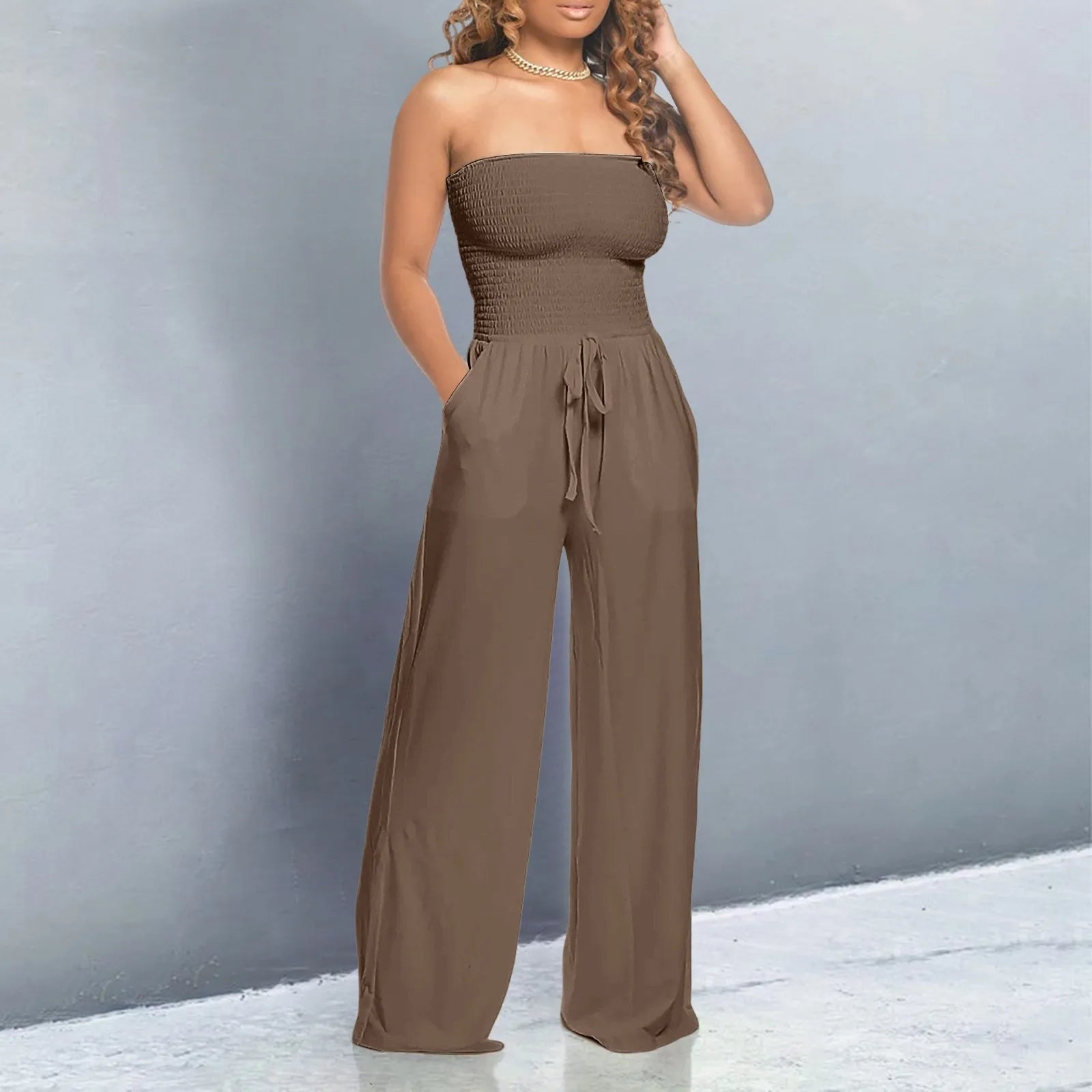 Strapless Ruched LaceUp WideLeg Jumpsuit for Chic Streetwear - Blu Lotus Boutique