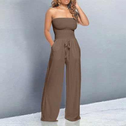 Strapless Ruched LaceUp WideLeg Jumpsuit for Chic Streetwear - Blu Lotus Boutique
